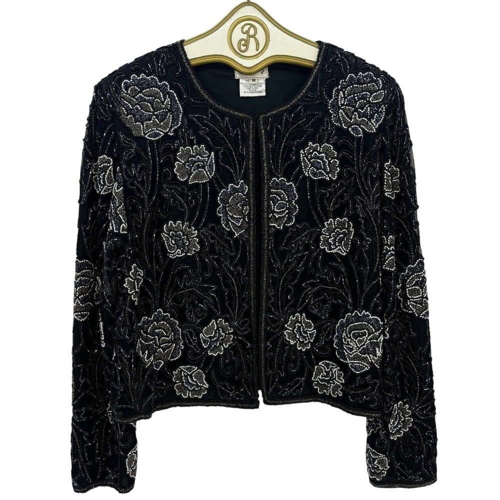 Vintage 90s Beaded Silk Jacket MEDIUM Black Floral Whimsigoth Evening Glam
